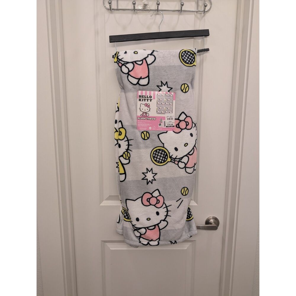 NWT Hello Kitty Tennis Plush Throw Blanket Grey Pink 50x70 Racket Sport